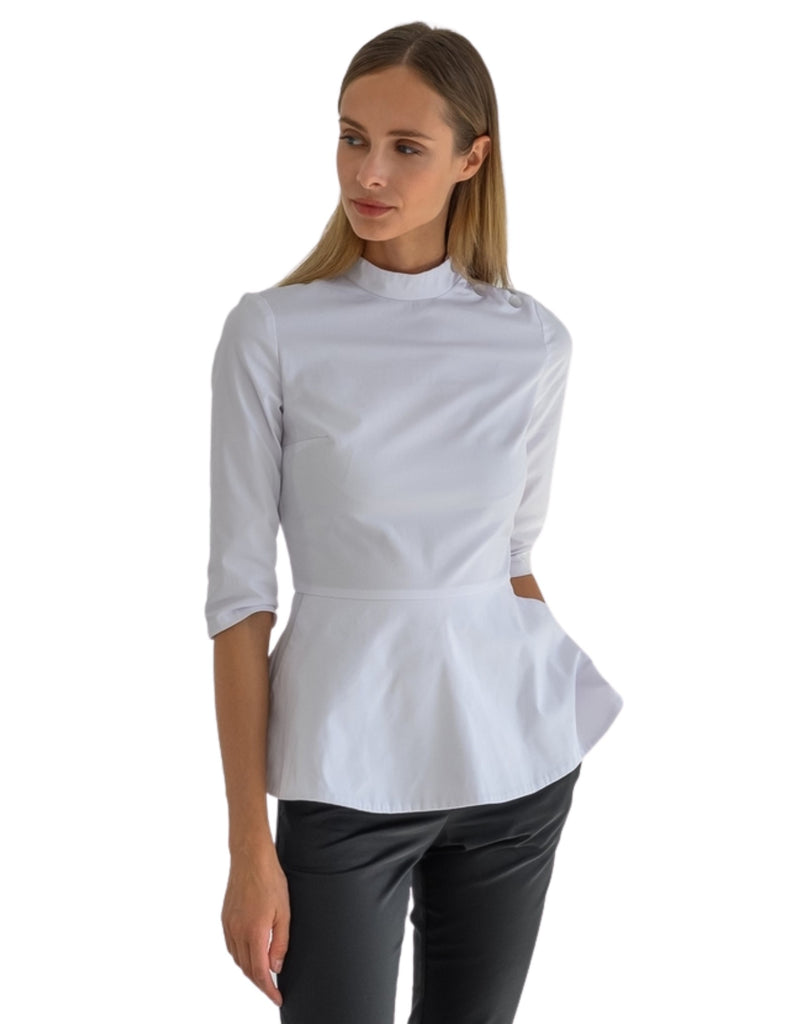 Treat in Style Button Peplum Blouse White - LK1013-0100-2-50 by scrub-supply.com