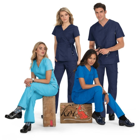 Assorted Koi medical scrubs on display, featuring vibrant colors and various styles. | scrub-supply.com