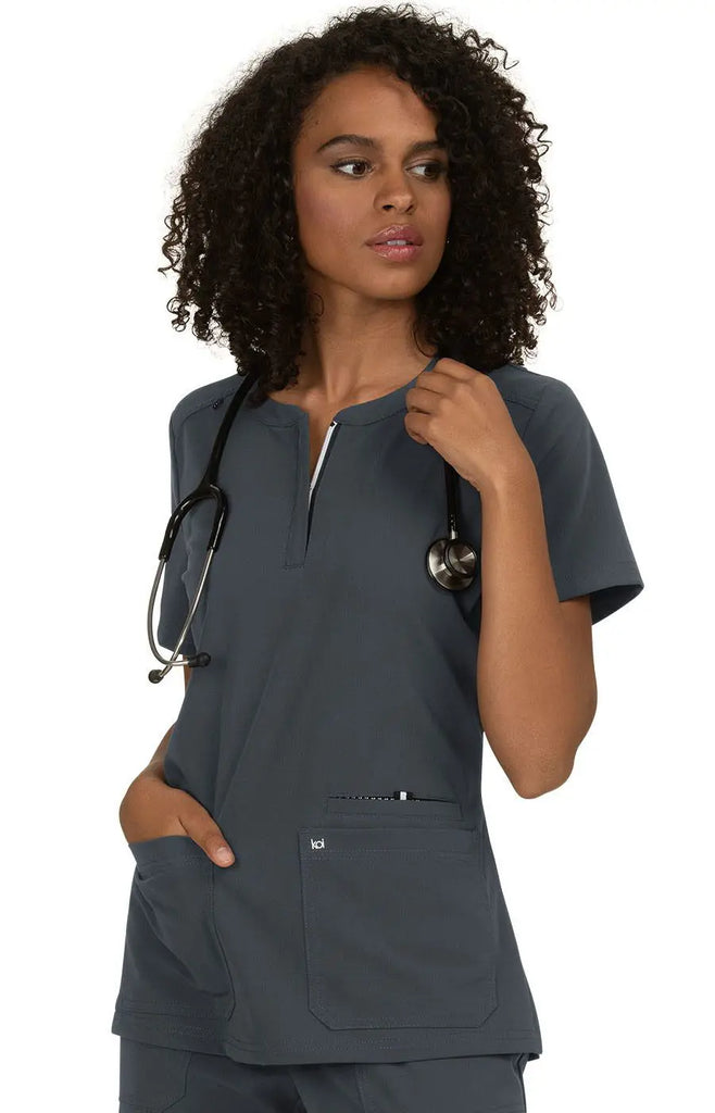 Koi Scrubs Women's Back In Action Solid Scrub Top Charcoal | scrub-supply.com