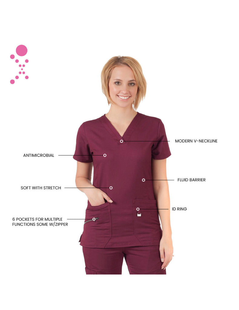 Life Threads Scrubs Women's Ergo 2.0 Fashion V-Neck Top Wine | scrub-supply.com