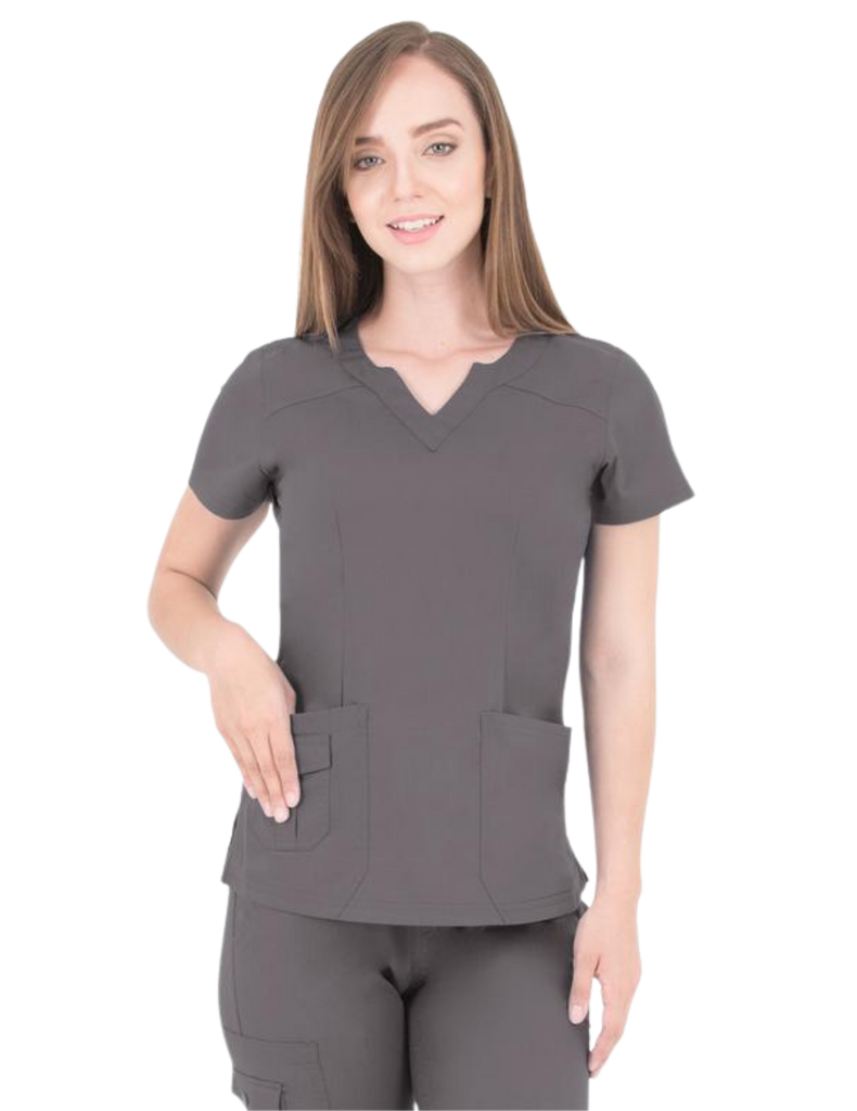 Life Threads Scrubs Women's Ergo 2.0 Scallop Neckline Top Pewter | scrub-supply.com