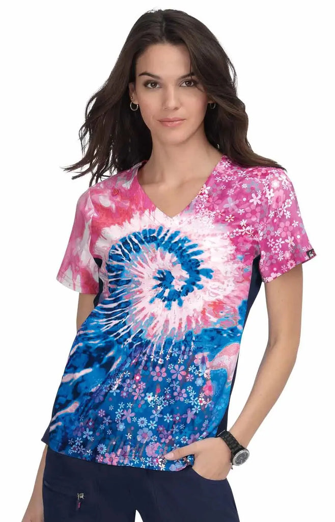 Koi Scrubs Reform Placement Top Groovy Floral Navy/Elec Blue/Coral | scrub-supply.com