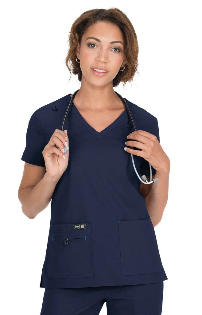 Koi Scrubs Becca Top Navy | scrub-supply.com