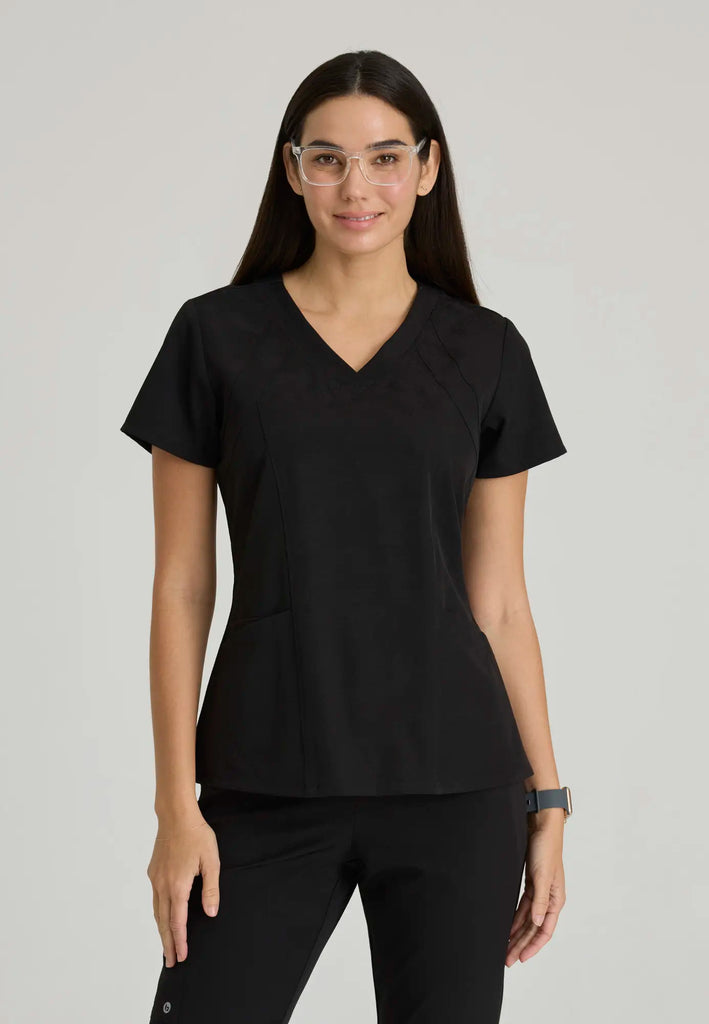 Barco Scrubs Women's Racer Top Black Digital Hex Jacquard | scrub-supply.com