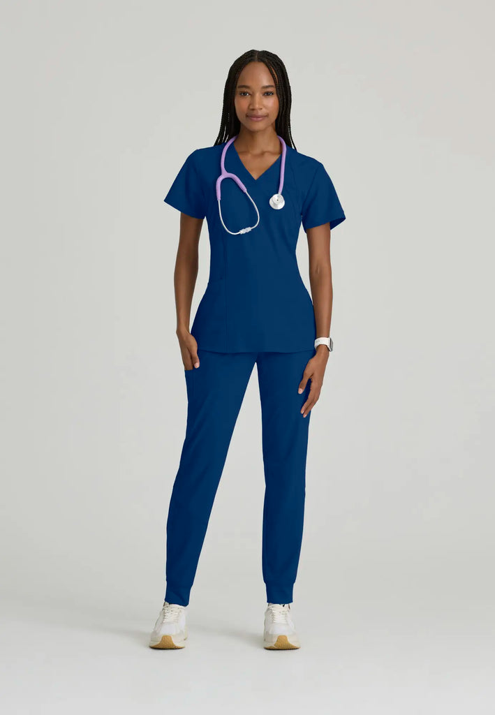 Barco Scrubs Women's Racer Top Indigo Digital Hex Jacquard | scrub-supply.com