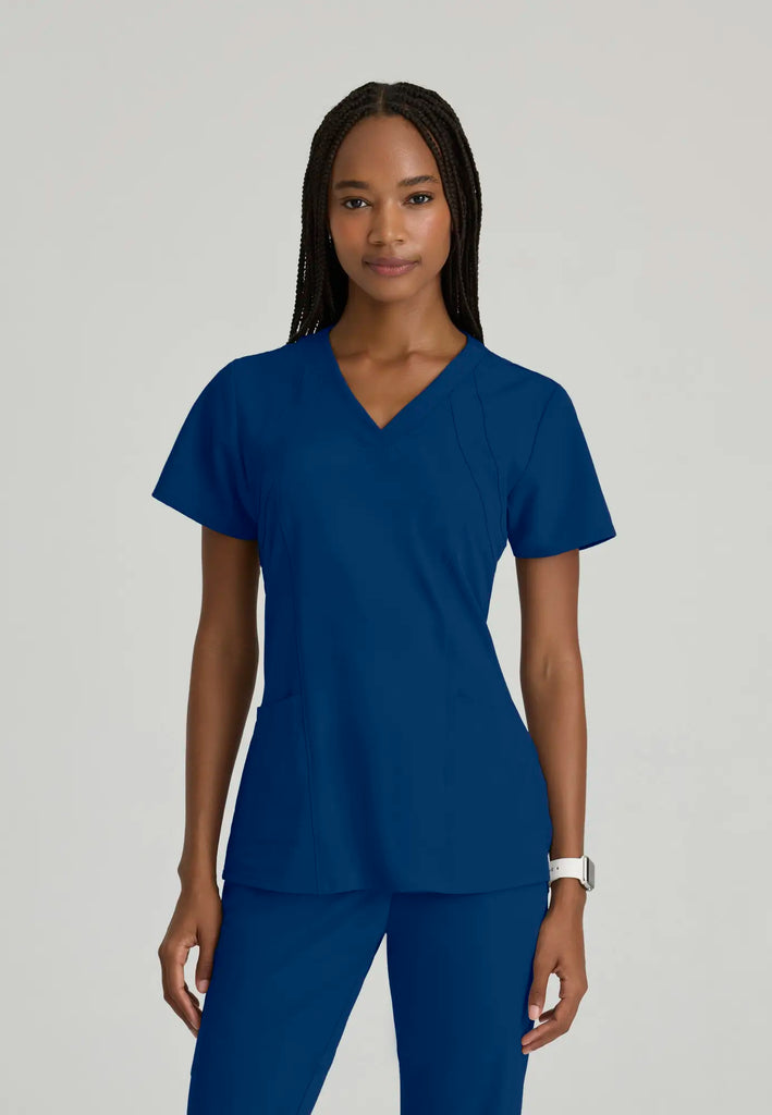 Barco Scrubs Women's Racer Top Indigo Digital Hex Jacquard | scrub-supply.com