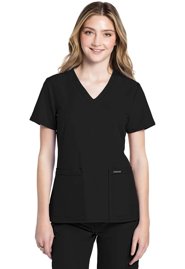 Cherokee Scrubs Women's Ultra 2-Pocket V-Neck Top Black | scrub-supply.com