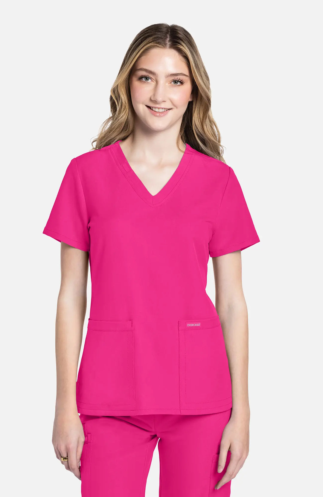 Cherokee Scrubs Women's 2-Pocket V-Neck Top Electric Pink | scrub-supply.com