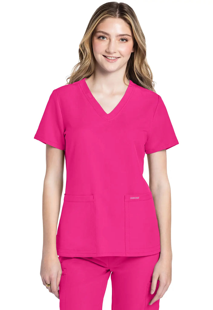 Cherokee Scrubs Women's Ultra 2-Pocket V-Neck Top Electric Pink | scrub-supply.com