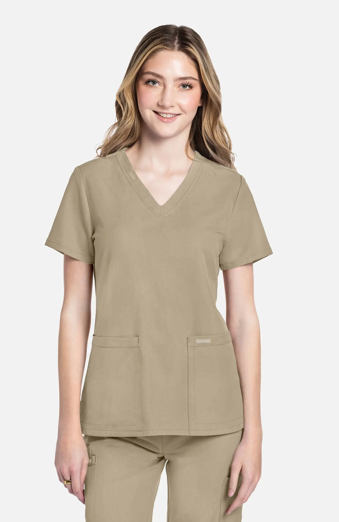 Cherokee Scrubs Women's 2-Pocket V-Neck Top Khaki | scrub-supply.com