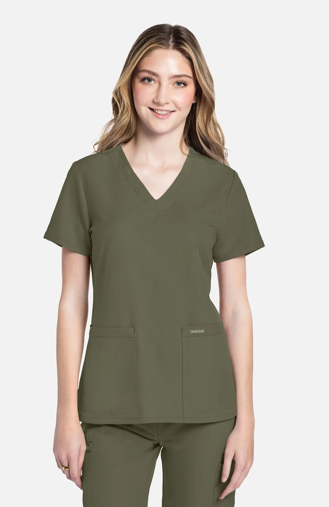 Cherokee Scrubs Women's 2-Pocket V-Neck Top Olive | scrub-supply.com