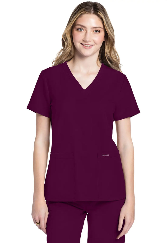 Cherokee Scrubs Women's Ultra 2-Pocket V-Neck Top Wine | scrub-supply.com