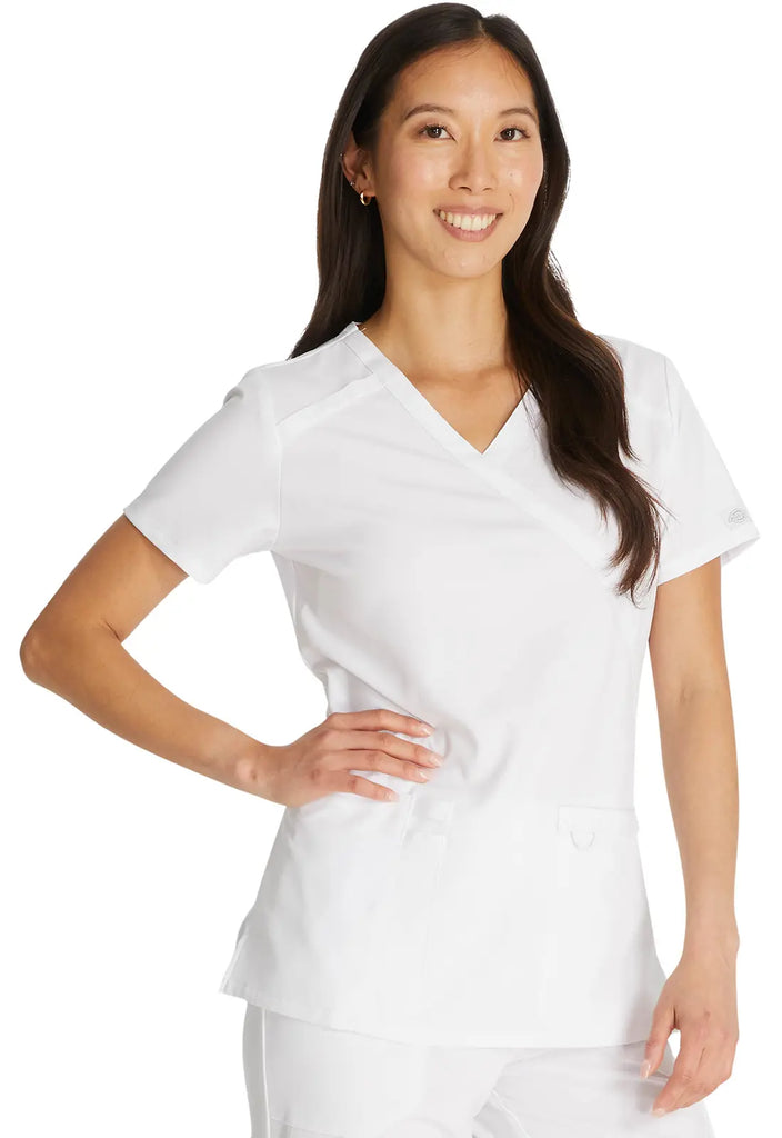 Dickies Scrubs Mock Wrap Top White | scrub-supply.com