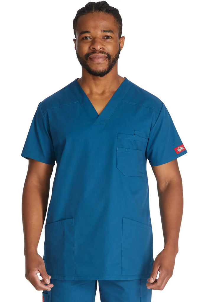 Dickies Scrubs Essentials Men's V-Neck Top Caribbean Blue | scrub-supply.com