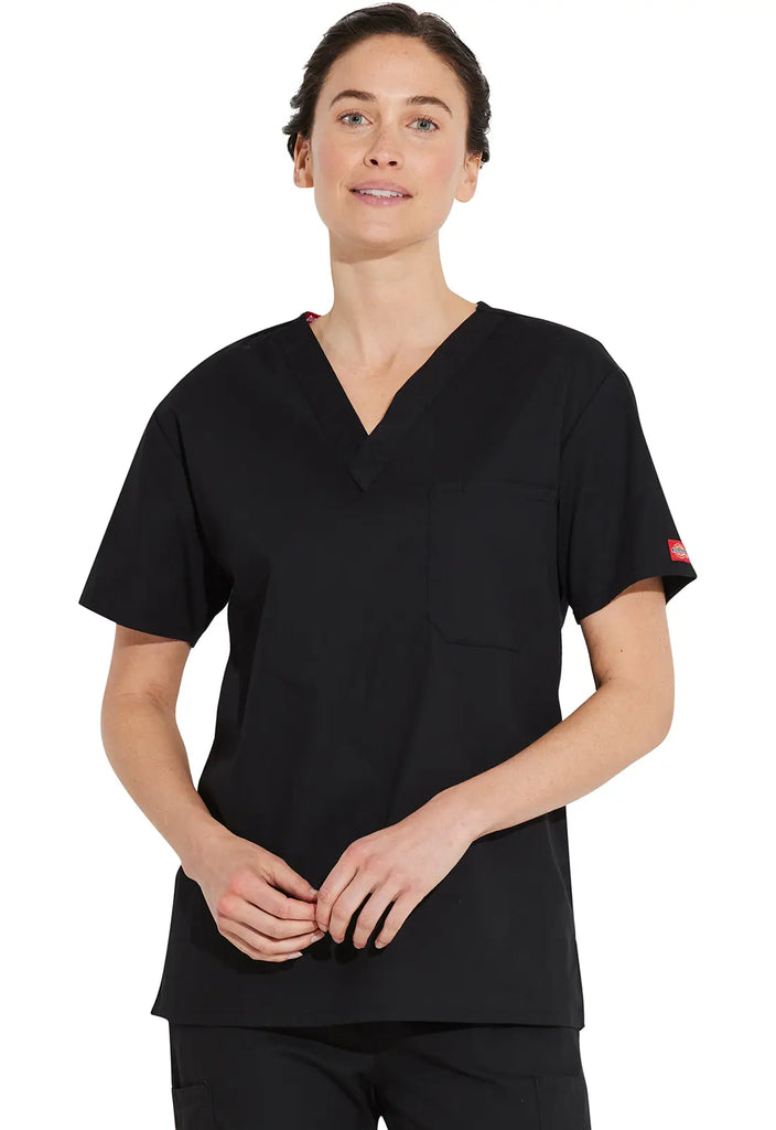 Dickies Scrubs Unisex Tuckable V-Neck Top Black | scrub-supply.com