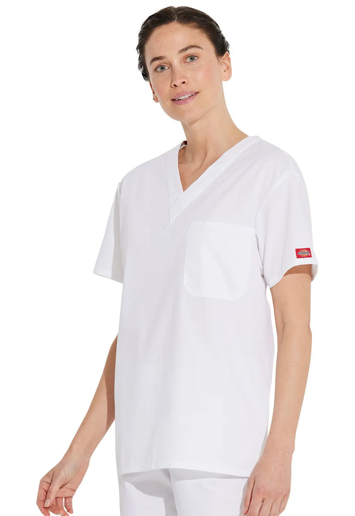 Dickies Scrubs Unisex Tuckable V-Neck Top White | scrub-supply.com