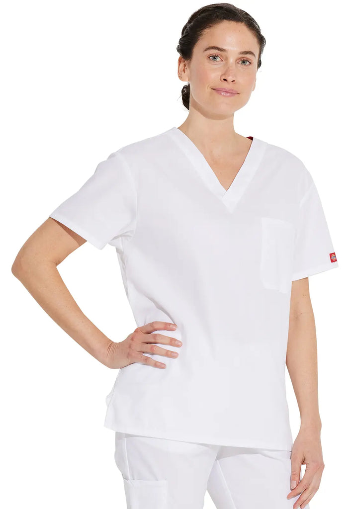 Dickies Scrubs Unisex Tuckable V-Neck Top White | scrub-supply.com