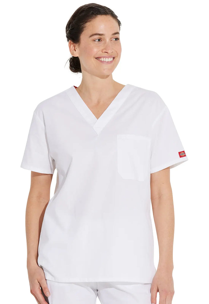 Dickies Scrubs Unisex Tuckable V-Neck Top White | scrub-supply.com