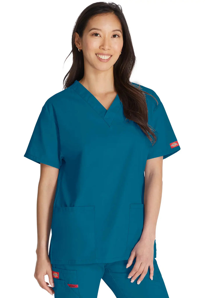 Dickies Scrubs 3-Pocket V-Neck Top Caribbean Blue | scrub-supply.com