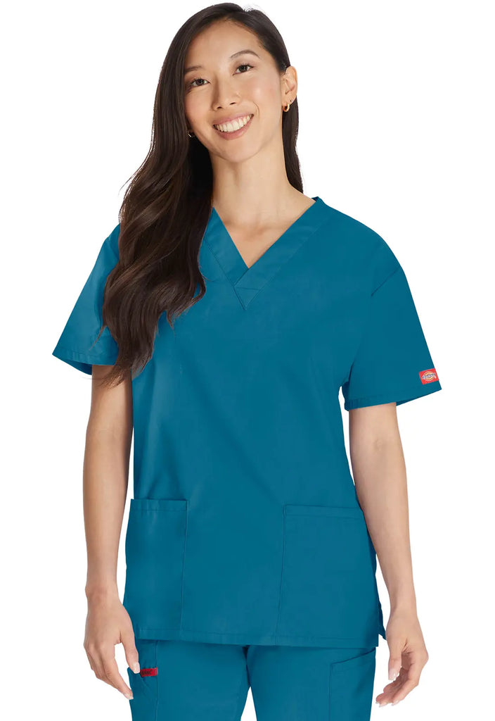 Dickies Scrubs 3-Pocket V-Neck Top Caribbean Blue | scrub-supply.com