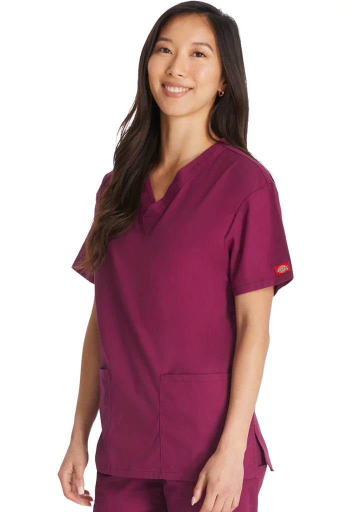 Dickies Scrubs 3-Pocket V-Neck Top Wine | scrub-supply.com