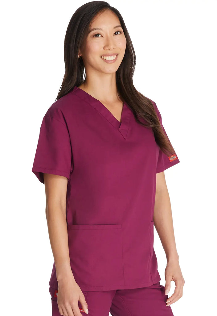 Dickies Scrubs 3-Pocket V-Neck Top Wine | scrub-supply.com