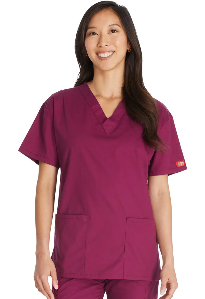 Dickies Scrubs 3-Pocket V-Neck Top Wine | scrub-supply.com