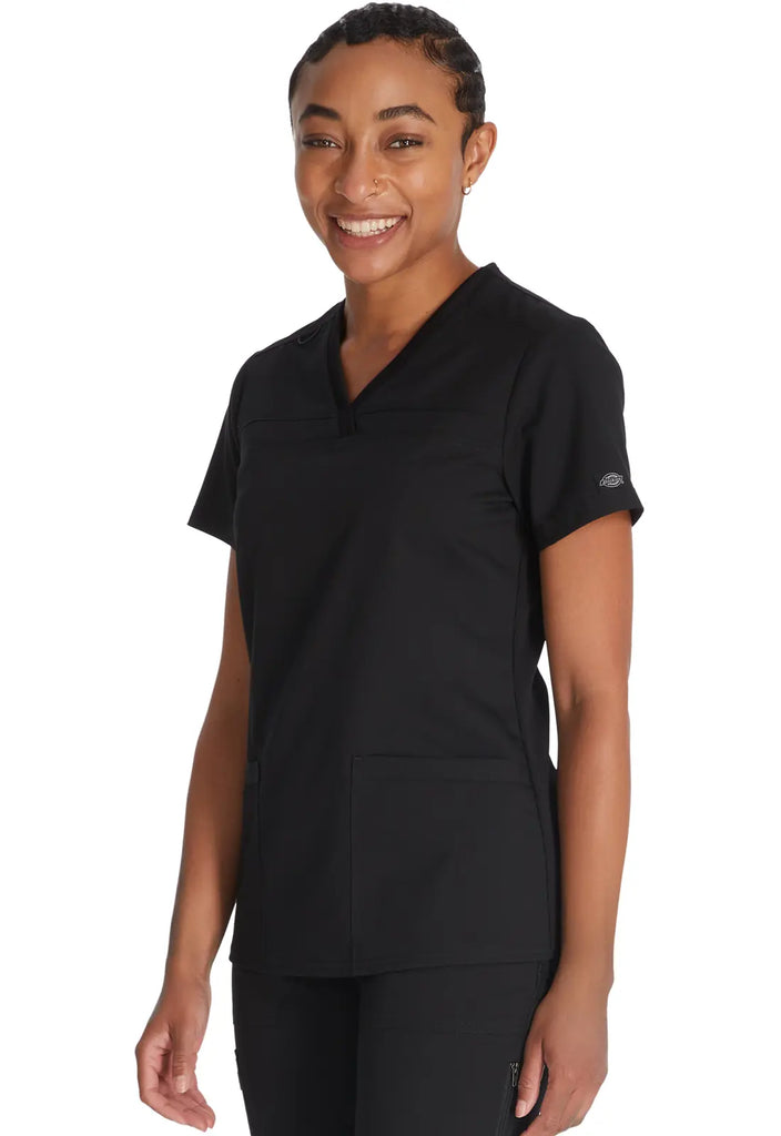 Dickies Scrubs V-Neck Top With Rib Knit Panels Black | scrub-supply.com