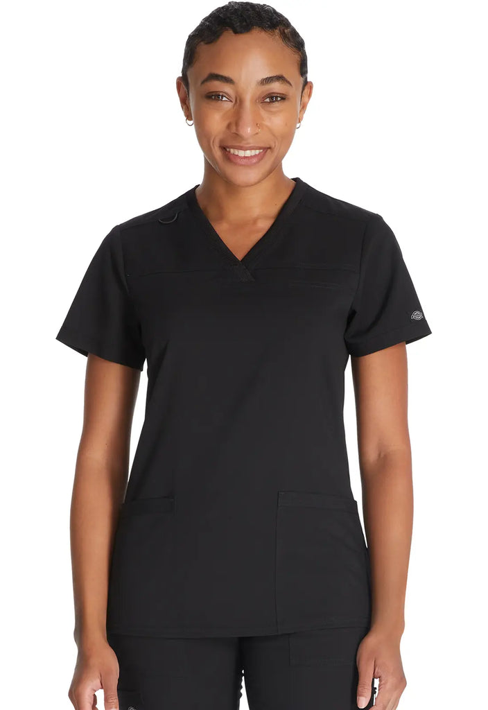 Dickies Scrubs V-Neck Top With Rib Knit Panels Black | scrub-supply.com