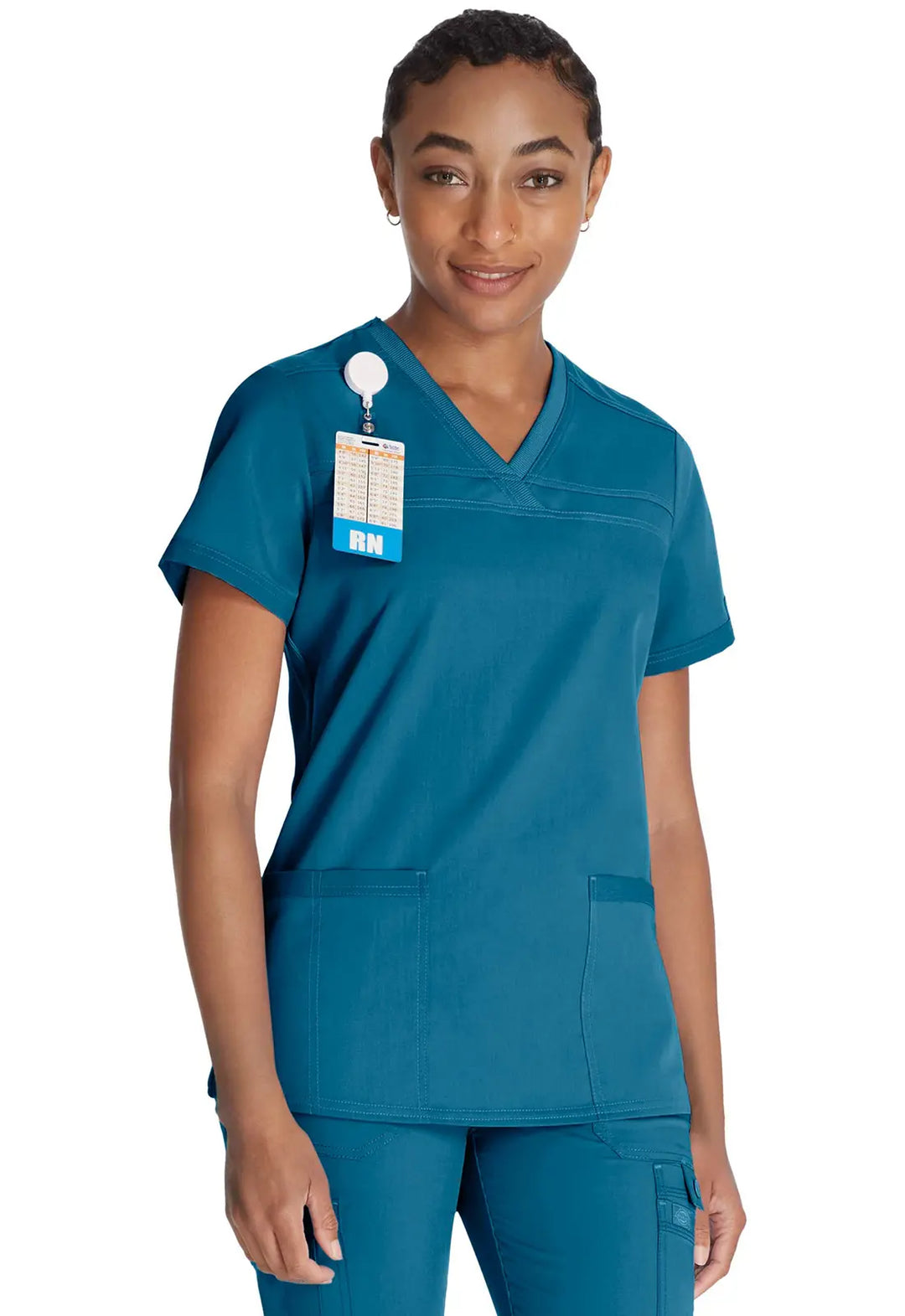 Dickies Scrubs V-Neck Top With Rib Knit Panels Caribbean Blue | scrub-supply.com