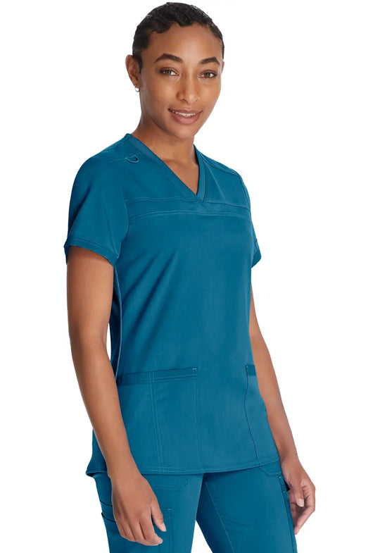 Dickies Scrubs V-Neck Top With Rib Knit Panels Caribbean Blue | scrub-supply.com