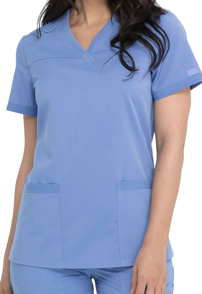 Dickies Scrubs V-Neck Top With Rib Knit Panels Ceil Blue | scrub-supply.com