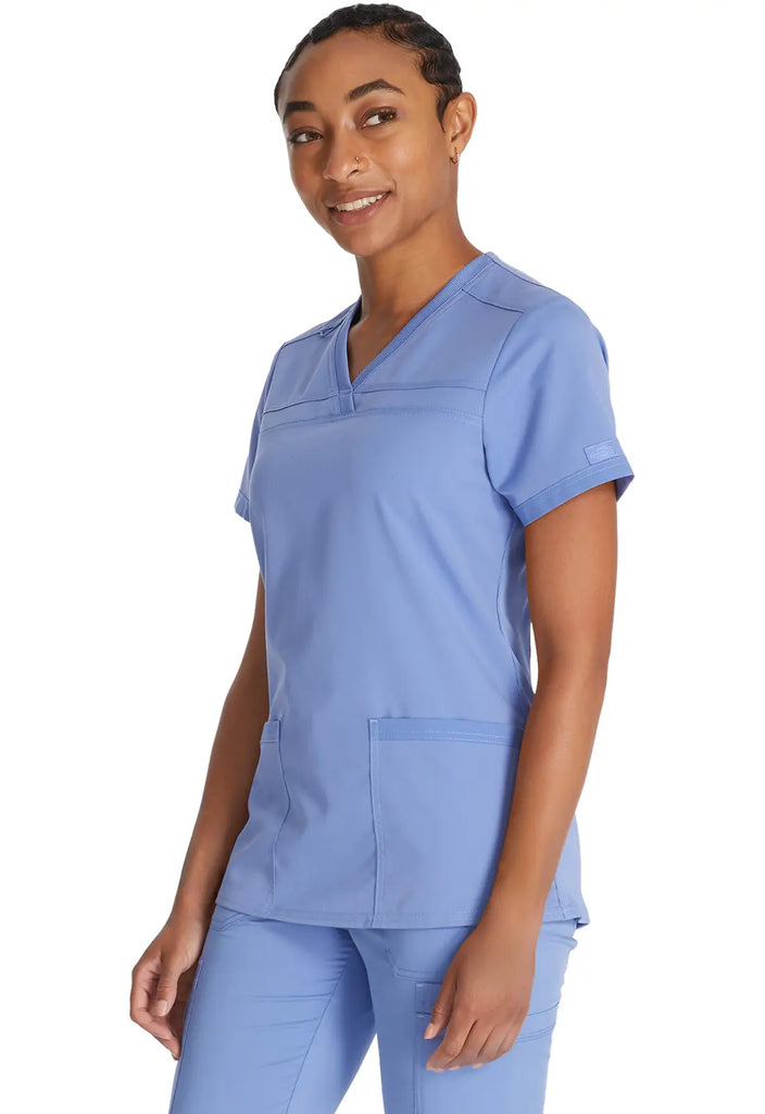 Dickies Scrubs V-Neck Top With Rib Knit Panels Ceil Blue | scrub-supply.com