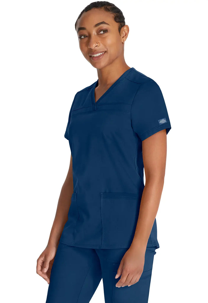 Dickies Scrubs V-Neck Top With Rib Knit Panels Navy | scrub-supply.com