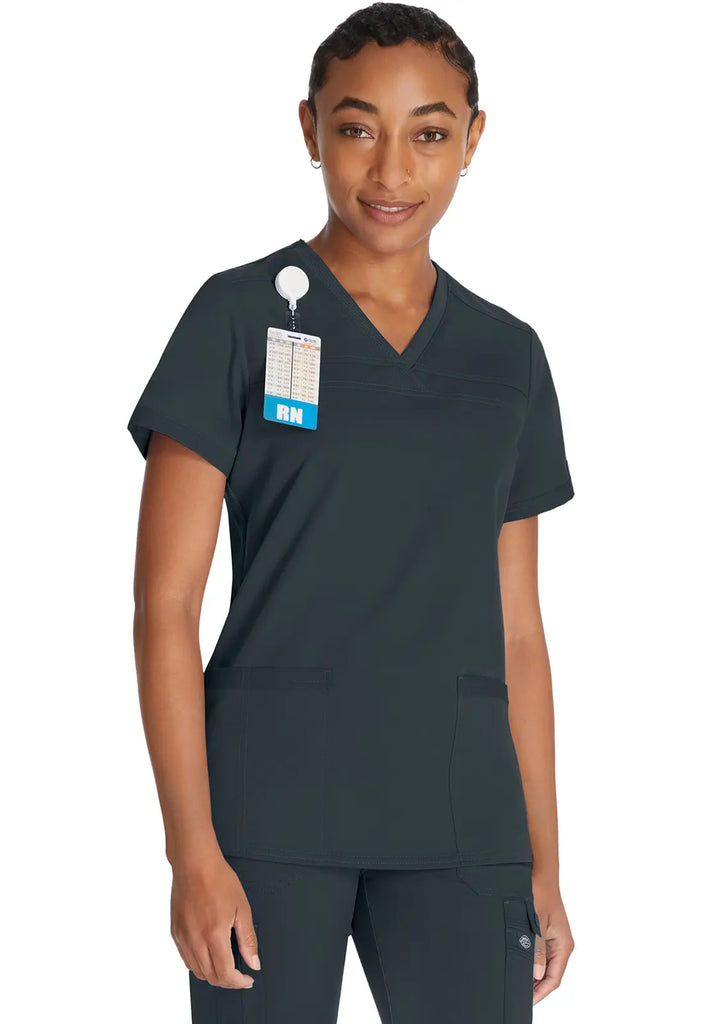 Dickies Scrubs V-Neck Top With Rib Knit Panels Pewter | scrub-supply.com