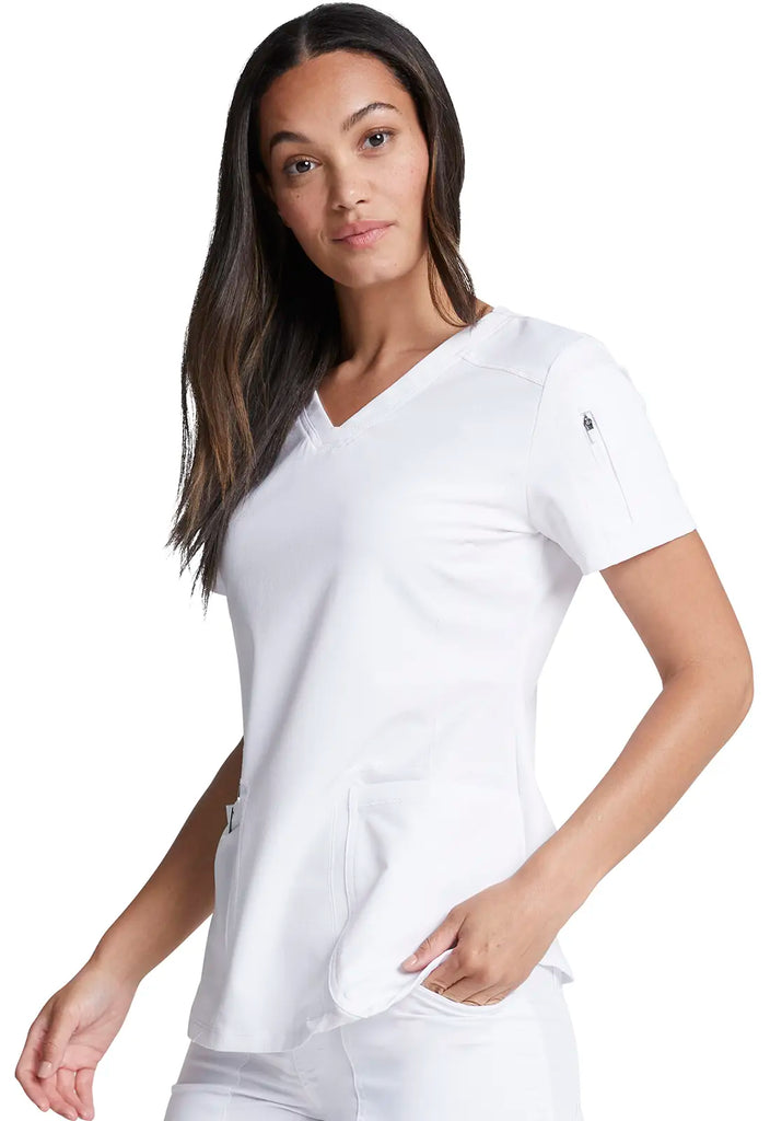 Dickies Scrubs V-Neck Top With Rib Knit Panels White | scrub-supply.com