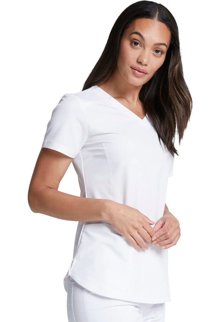 Dickies Scrubs V-Neck Top With Rib Knit Panels White | scrub-supply.com