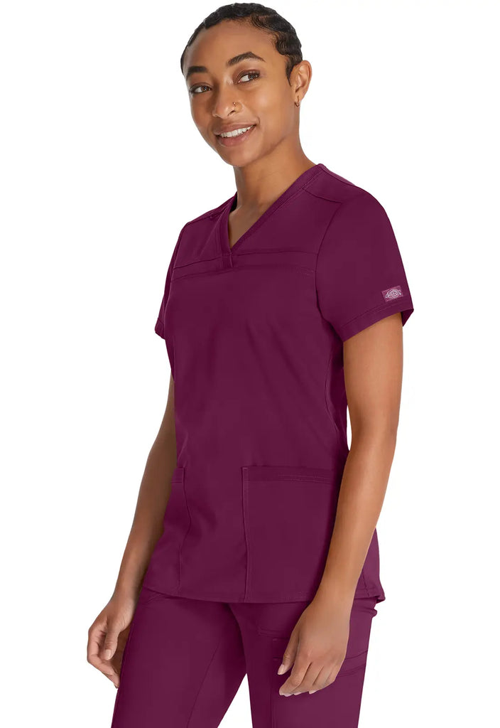 Dickies Scrubs V-Neck Top With Rib Knit Panels Wine | scrub-supply.com