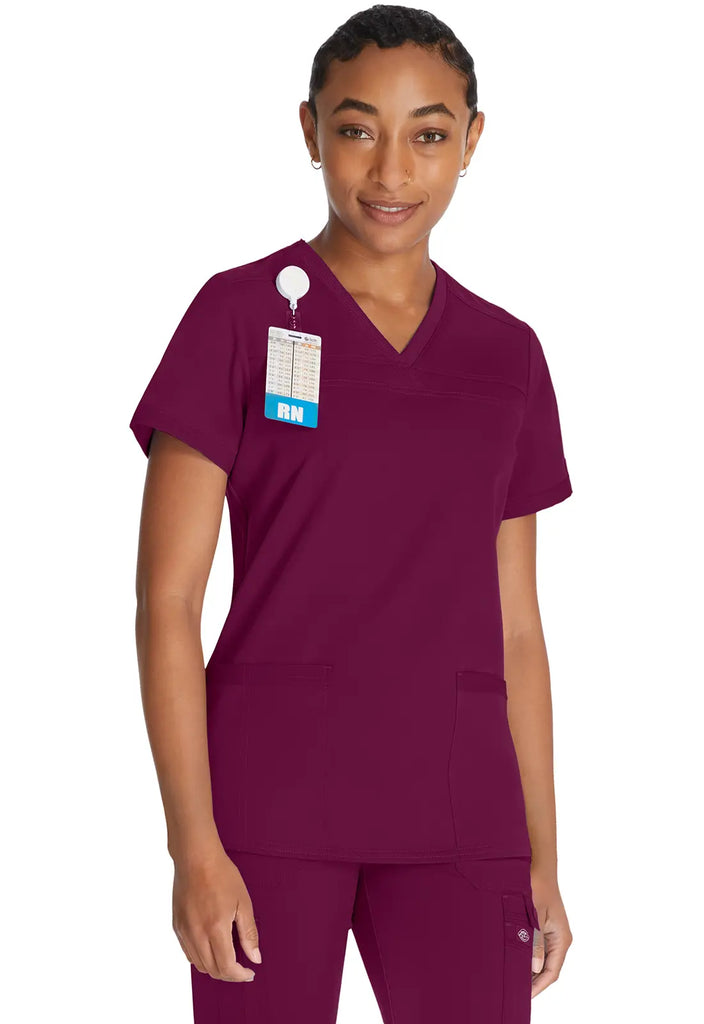 Dickies Scrubs V-Neck Top With Rib Knit Panels Wine | scrub-supply.com