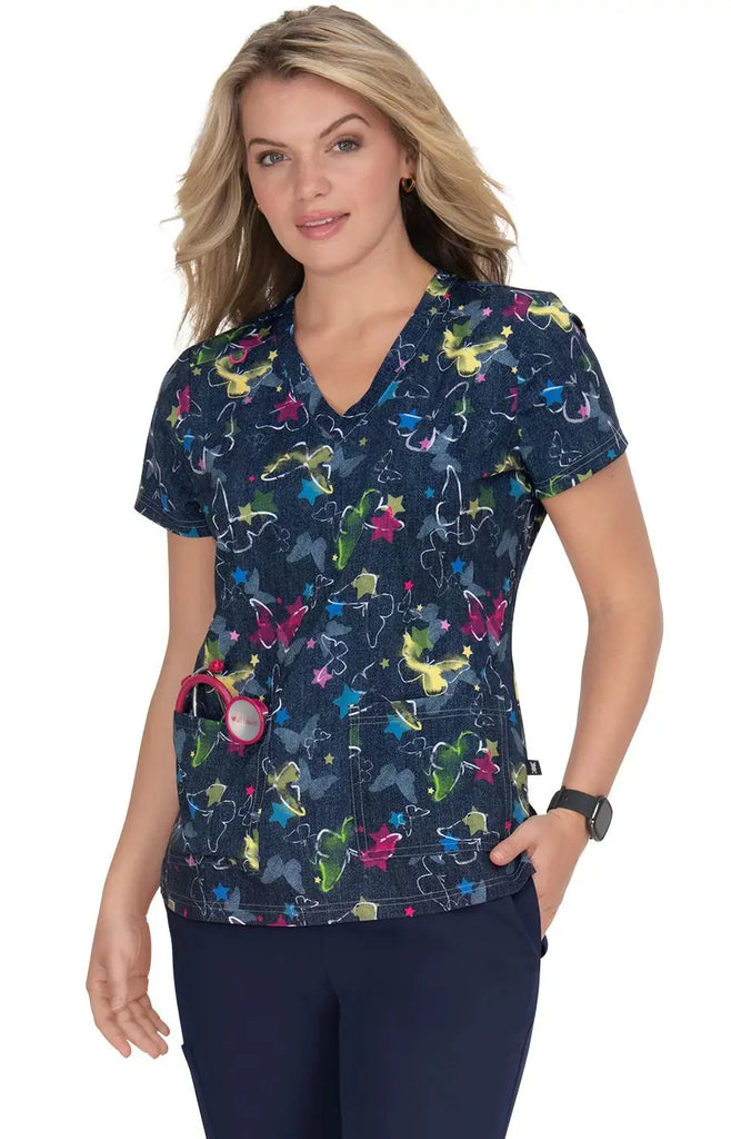 Koi Scrubs Lulu Top Denim Butterfly | scrub-supply.com