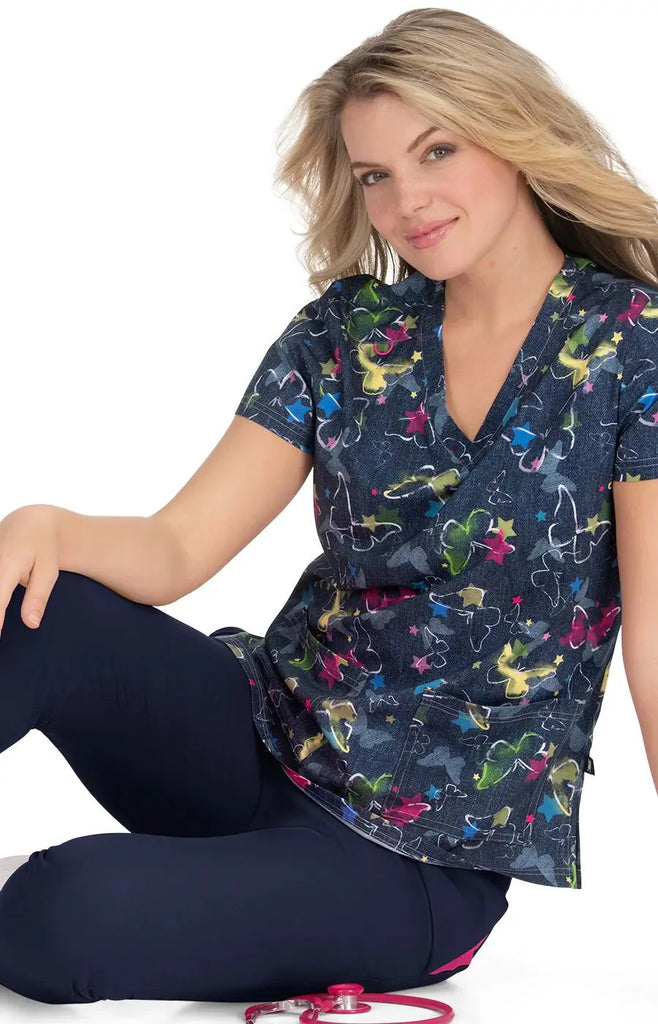 Koi Scrubs Lulu Top Denim Butterfly | scrub-supply.com