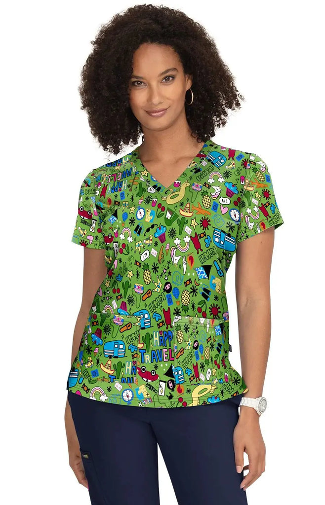 Koi Scrubs Lulu Top Happy Travels | scrub-supply.com