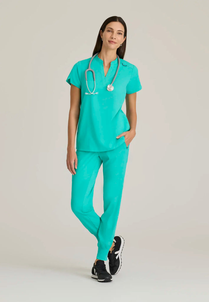 Barco Scrubs Women's Avery Print Top Alpine Aqua | scrub-supply.com