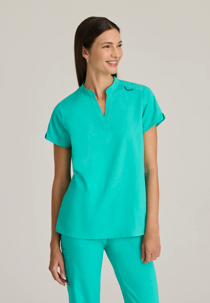 Barco Scrubs Women's Avery Print Top Alpine Aqua | scrub-supply.com