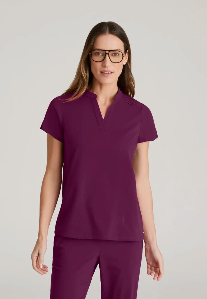 Barco Scrubs Women's Avery Print Top Wine | scrub-supply.com