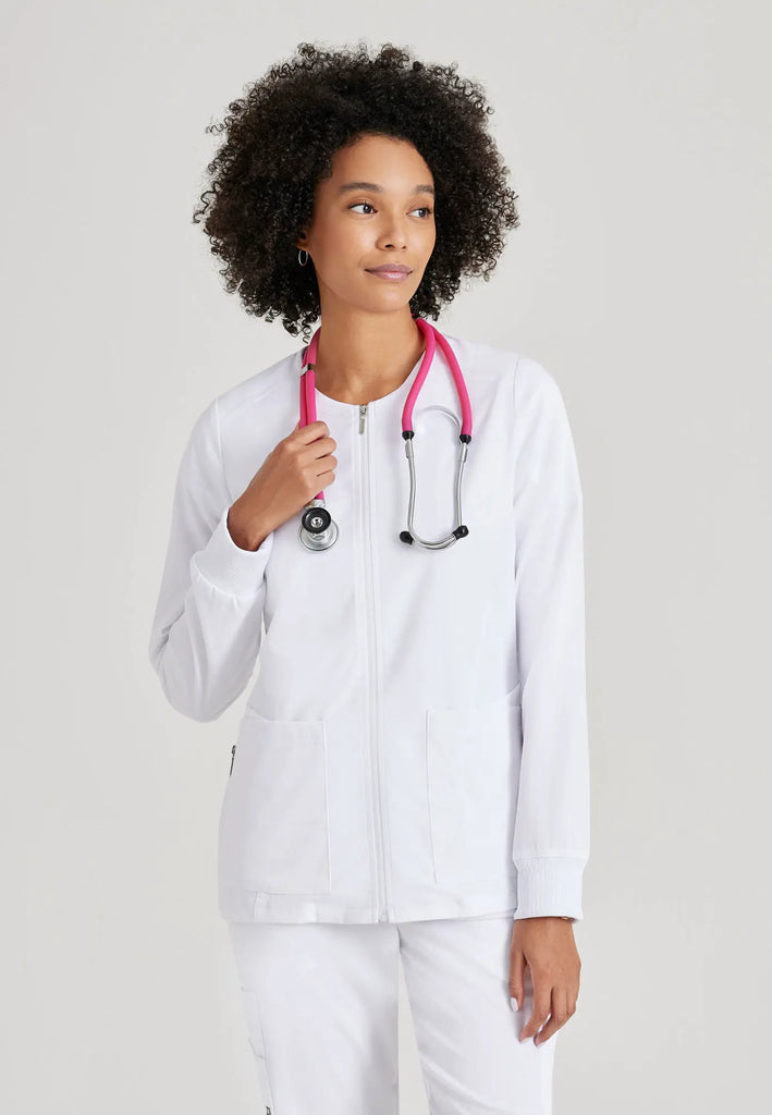 Barco Scrubs Women's Gianna Warmup White | scrub-supply.com