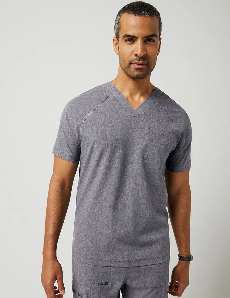 Jaanuu Scrubs Men's V-Neck Raglan Top Heathered Grey | scrub-supply.com