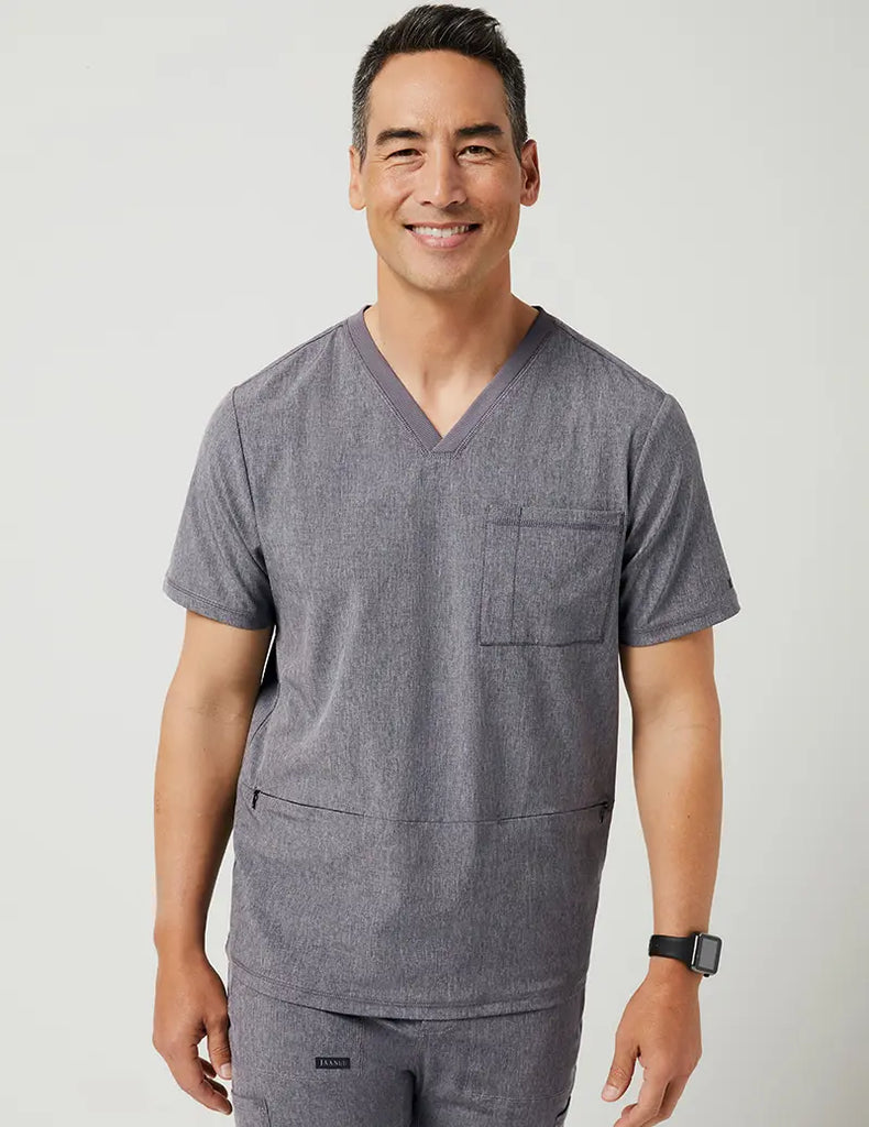 Jaanuu Scrubs Men's 3 Pocket V-Neck Top Heathered Grey | scrub-supply.com