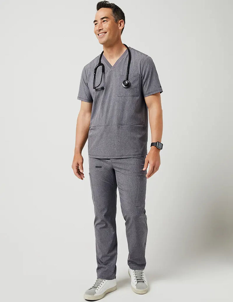 Jaanuu Scrubs Men's 3 Pocket V-Neck Top Heathered Grey | scrub-supply.com