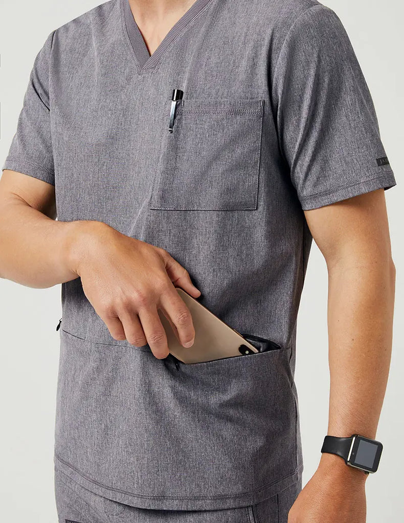 Jaanuu Scrubs Men's 3 Pocket V-Neck Top Heathered Grey | scrub-supply.com